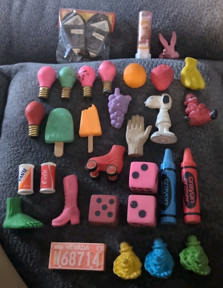 A curated lot of genuine Diener novelty pencil erasers made in Japan — tiny, obsessively collectible 70s/80s desk relics that are nearly impossible to find intact.