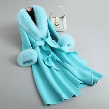 New Womens Oversized 100% Fox Fur Collar Woolen Coat Korean Slimming Long Jacket