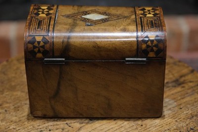 Victorian Walnut Tunbridge Style Tea Caddy Mother of Pearl Inlay