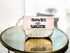    Awkward and Sarcastic Makeup Bag Pouch Gold Glitter Funny Gift NWT   