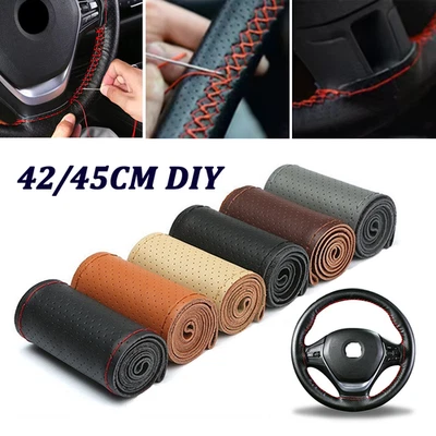 Cubierta de volante de cuero con puntada de coche de 42/45 cm antideslizante hágalo usted mismo - Imagen 1 de 4