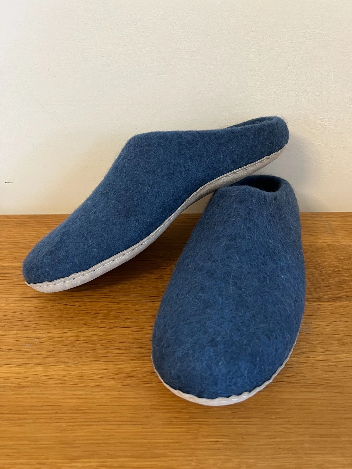 Petrol Blue Wool Slippers for Men - Felted Wool House Shoes with Suede Sole