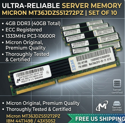 4GB DDR3 ECC Registered RAM 1333MHz PC3-10600R Micron MT36JDZS51272PZ Set of 10