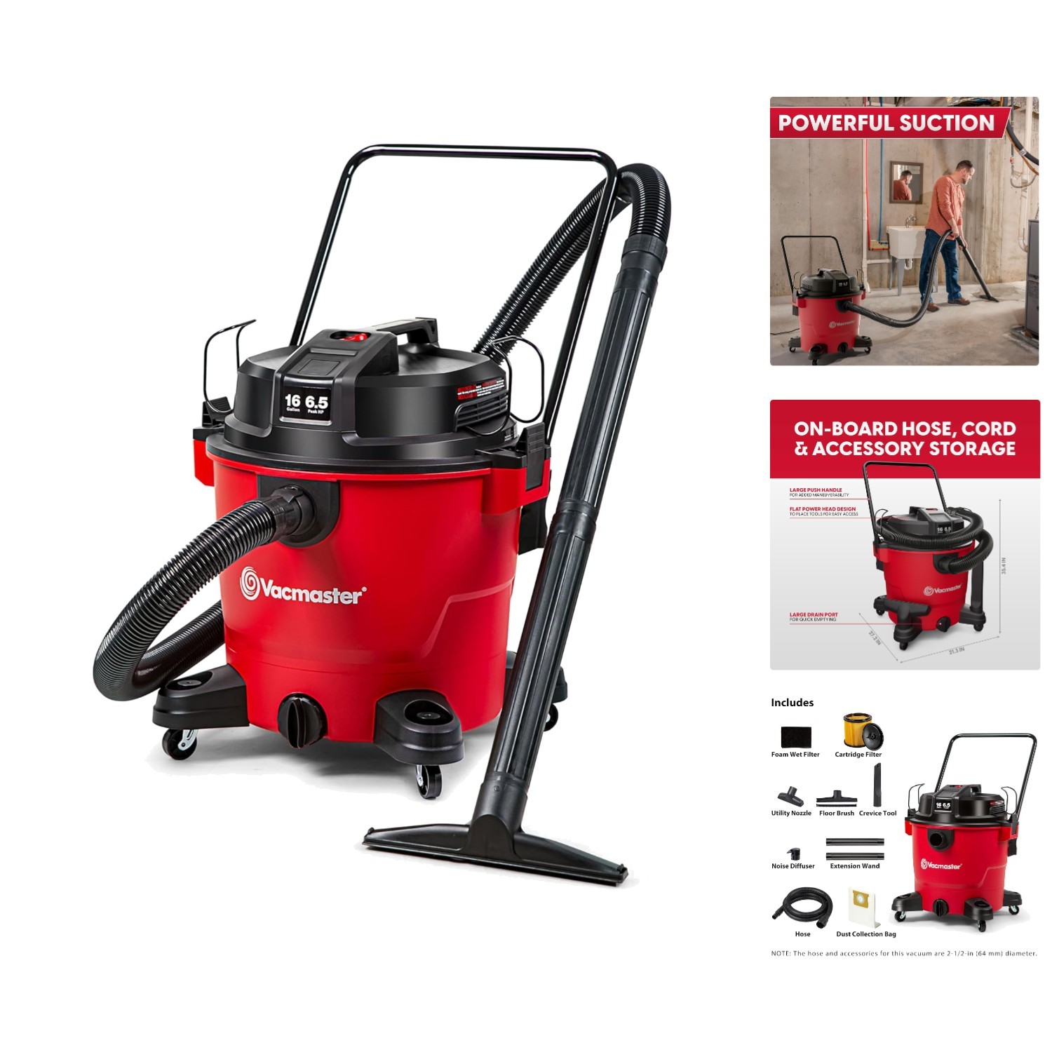 Versatile 16-Gallon Red Wet/Dry Vacuum with Blower Functionality & Accessories