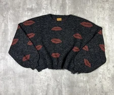 POL Gray Black Lips Kiss Fuzzy Oversized Cropped Knit Sweater Medium