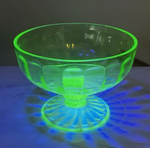 Vintage Uranium Vaseline Glass Sherbet Bowl Optic Scalloped Panel Depression Era