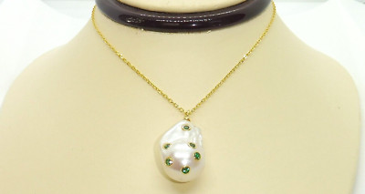 Damen Halskette 9 Karat Gold auf 925 Sterling Silber Barock Perle & Smaragd
