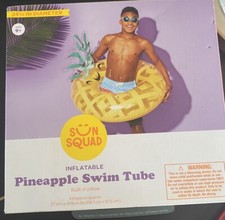 Sun Squad Pineapple Swim Tube Floaty Built-in Pillow 34 1/2 Inches Pool - New