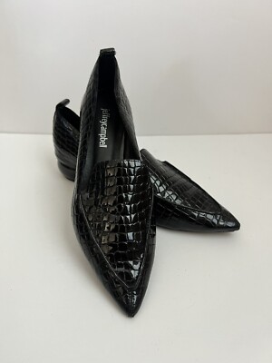 Jeffrey Campbell Black Slip On Viona Croc Embossed Pointed Toe Loafer Heel  Sz