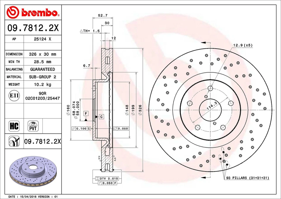 Rotor de freio a disco dianteiro Brembo 09.7812.2X 326mm para Toyota 86 2019-2020 - Imagem 2 de 3