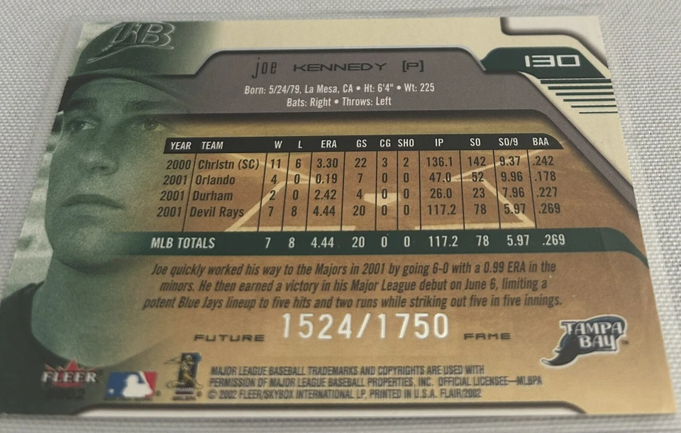 2002 Flair Baseball Joe Kennedy Tampa Bay Rays Future Fame #130 #d 1524/1750 - Image 3 of 3