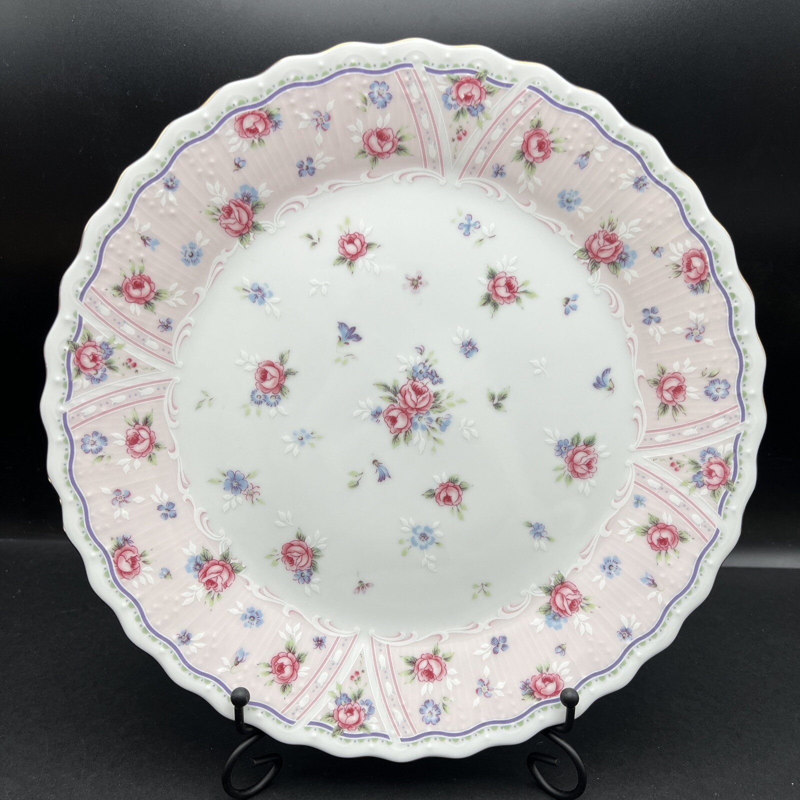 Vintage Andrea by Sadek  Petit Rose Floral Cake Plate Porcelain Gold Trim 10 