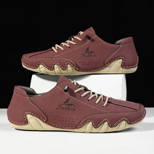 Men's Handmade Leather Casual Lace Up Loafers Breathable Soft Driving Shoes - Picture 5 of 32