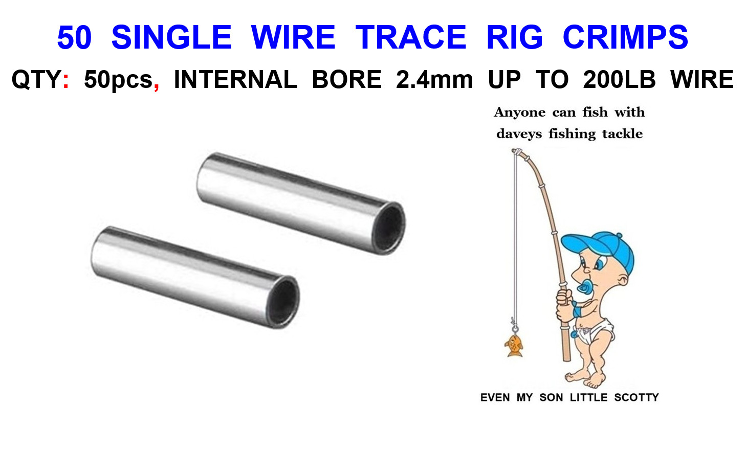 50 WIRE TRACE RIG CRIMPS 2.4mm 200lb  FOR PIKE SNAP TACKLE SHARK CONGER TOPE ETC