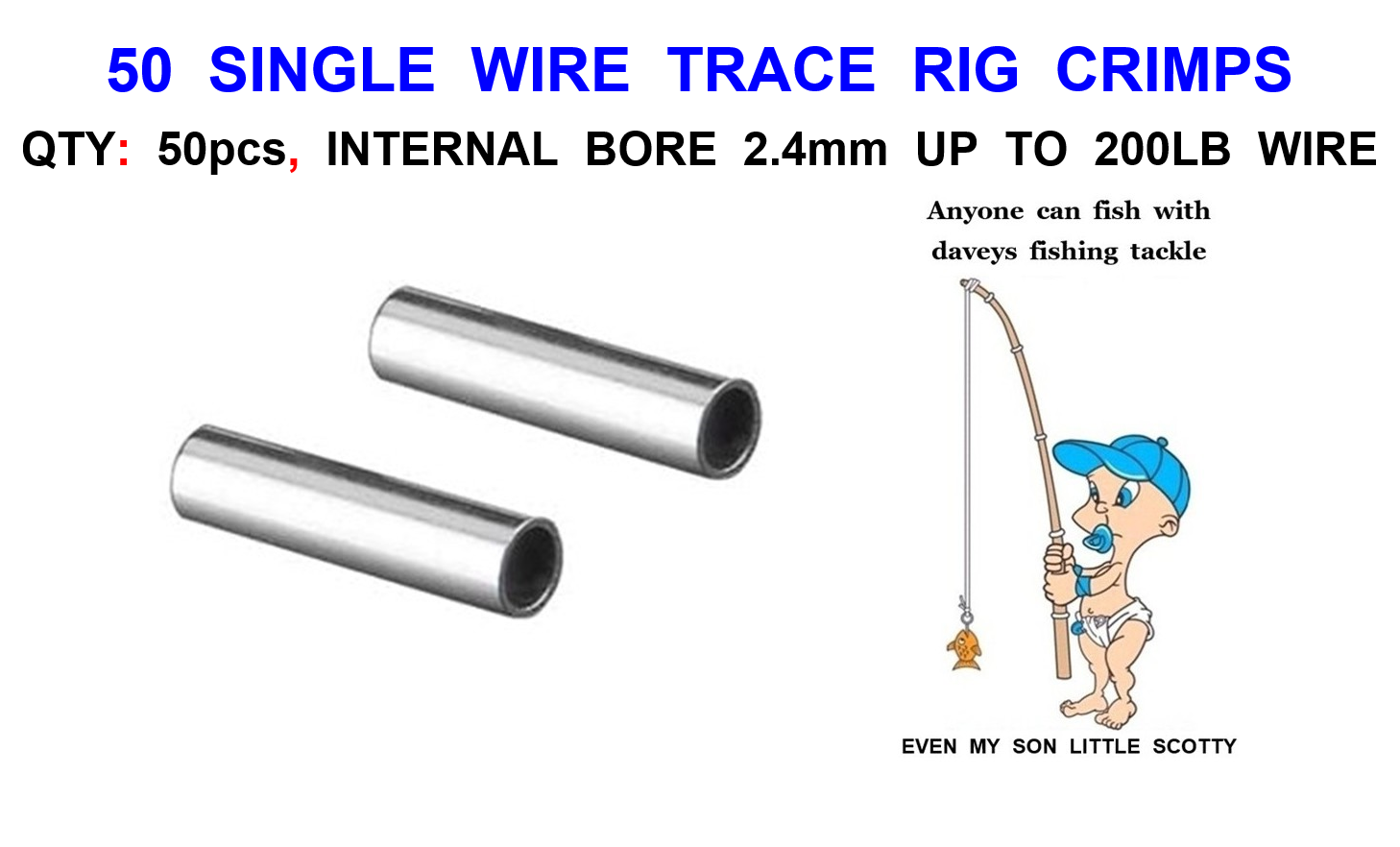 50 WIRE TRACE RIG CRIMPS 2.4mm 200lb  FOR PIKE SNAP TACKLE SHARK CONGER TOPE ETC