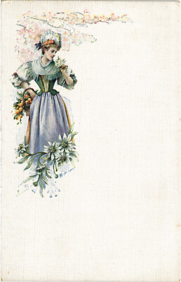 PC ARTIST SIGNED, LYON, LADY WITH FLOWERS AND FRUITS, Vintage Postcard (b50835)