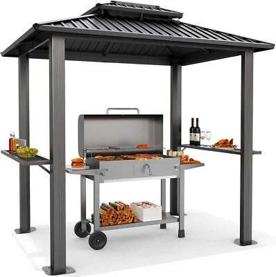 CAROMA 6x8ft Grill Gazebo Outdoor Patio Gazebo Hardtop Barbecue Canopy w/2 Side Shelves