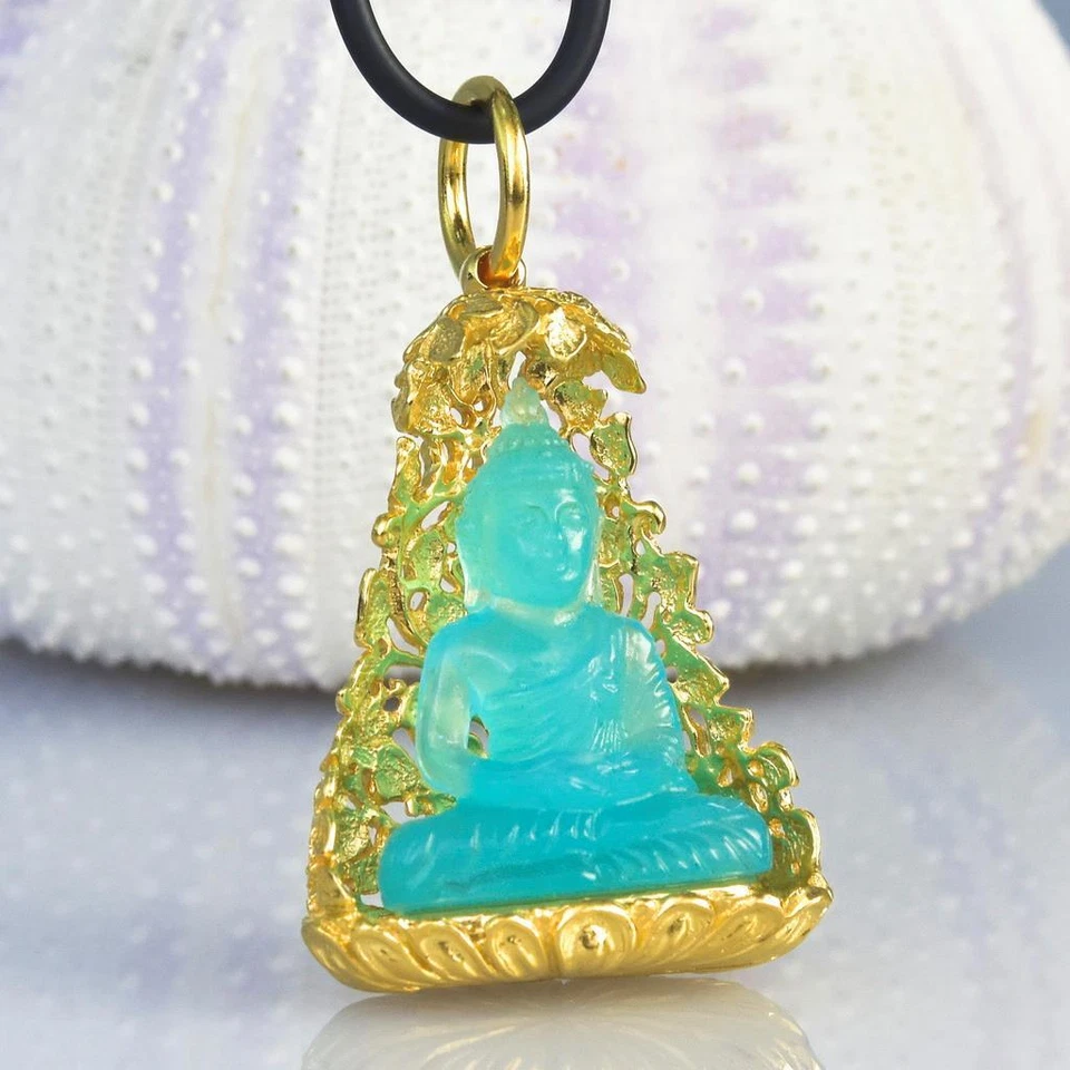 Pendant Buddha Image Gold Vermeil Sterling Bodhi Tree Blue Chalcedony 13.44 g - Image 2 of 4