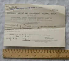 1918 receipt Governnment Aircraft & Bombardment Insurance Commercial Union Davis