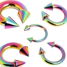Horseshoe Ear Eyebrow Lip 16 Gauge 3/8" Spikes 4mm Titanium Tri-Color IP SETof2