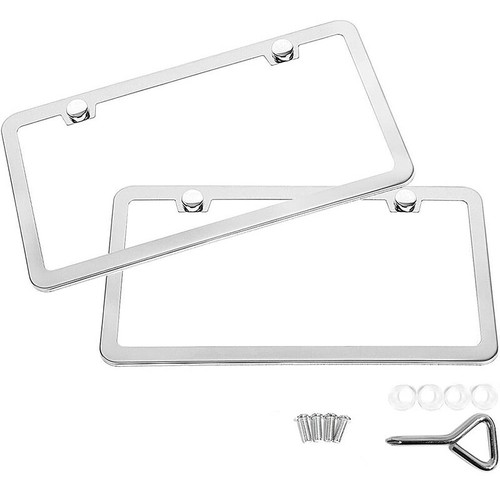 2pcs Silver Chrome Plated Rust Stainless Steel License Plate Holder Weatherproof - Foto 1 di 8