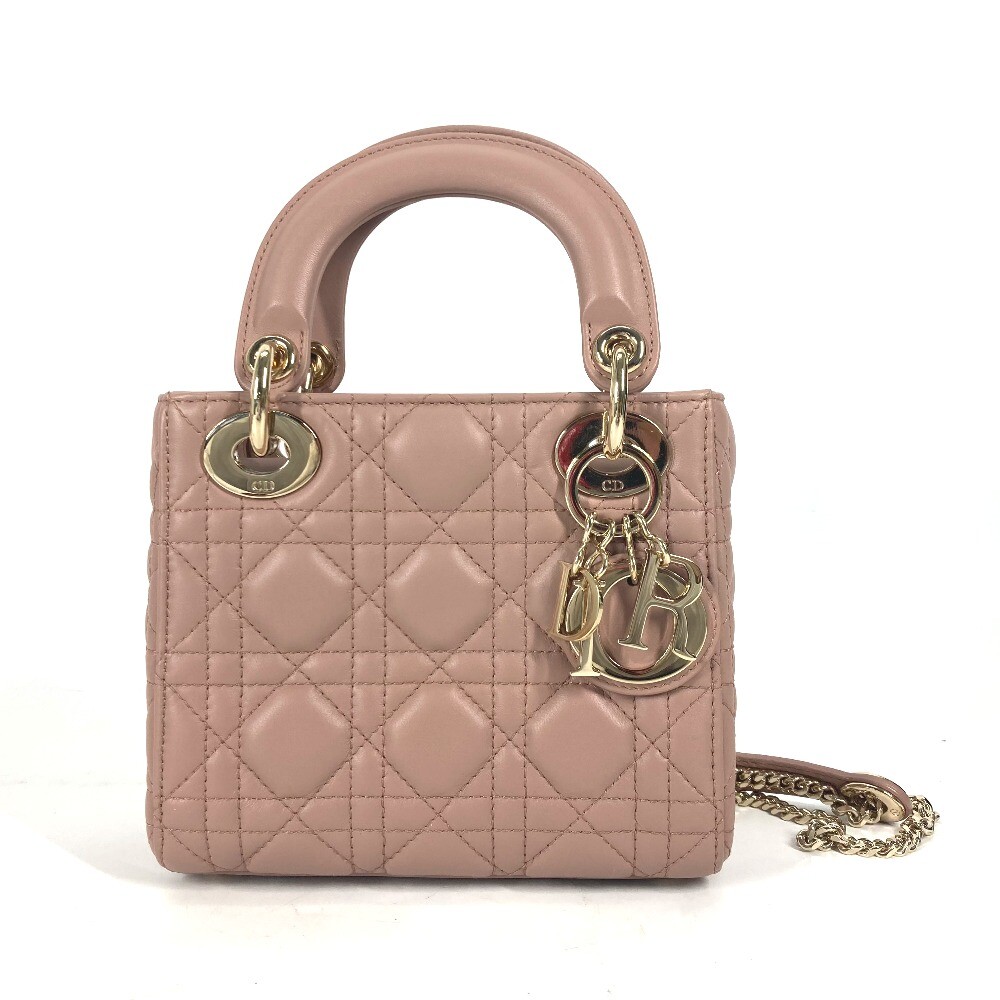 Auth Dior Lady Dior Mini Cannage 2Way Sholder Bag Pink Beige