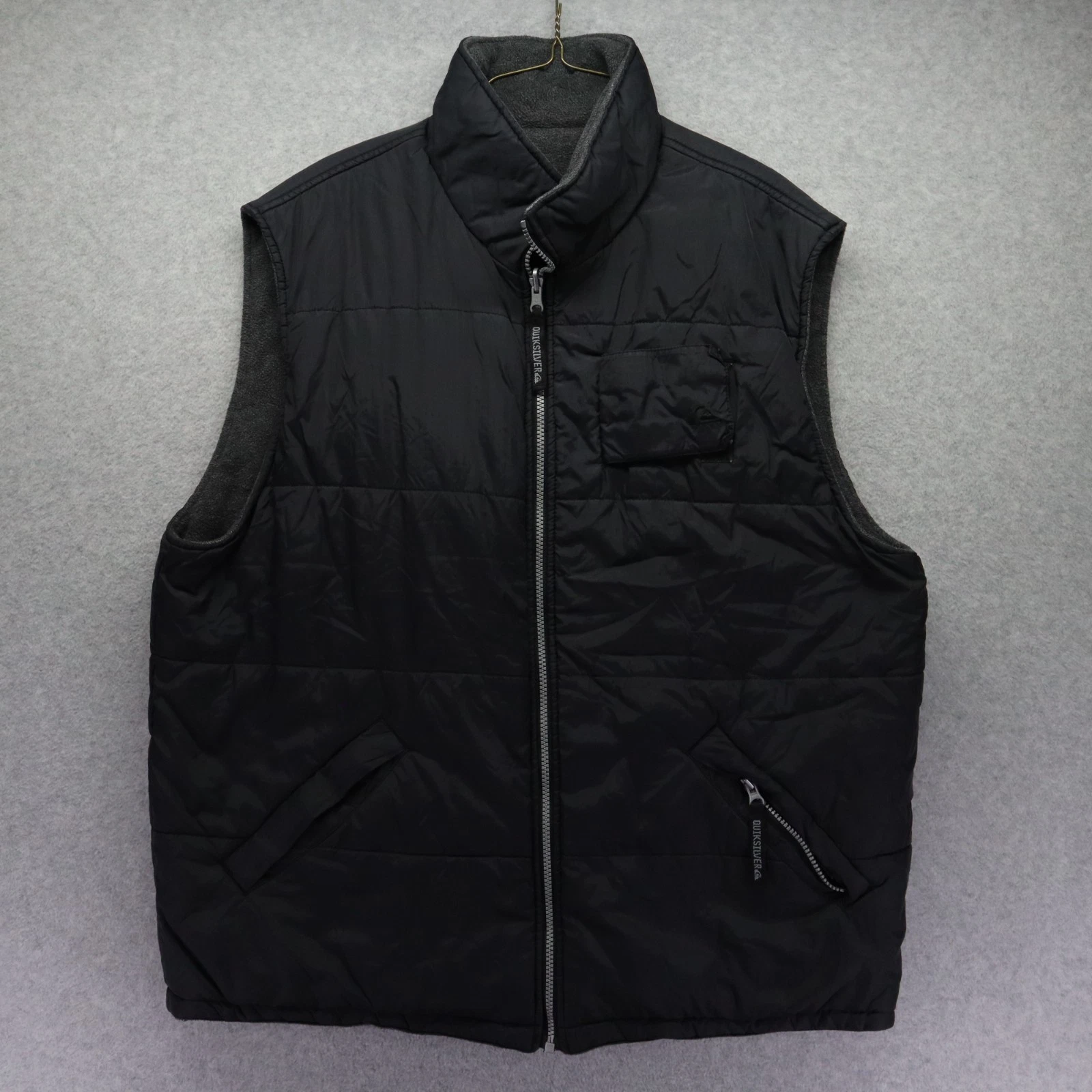 Quiksilver Vest Mens XL Reversible Full Zip Puffer Fleece Black Gray Sleeveless
