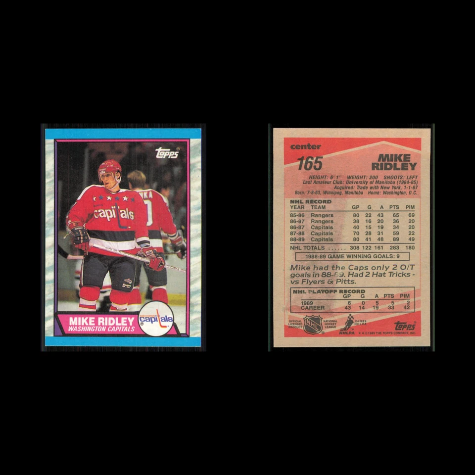 Mike Ridley #165 1989 Topps Washington Capitals Hockey Card NHL NM - Image 3 of 3