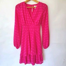 Japna Sheer Tiered Mini Dress S Hot Pink Balloon Sleeve Coquette Romantic 