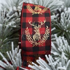 10 yards Christmas Gold Reindeer Black Red Buffalo Plaid Gingham Wired Ribbon