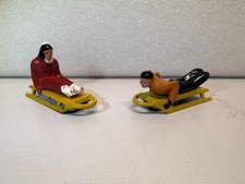 2 Vintage Barclay Sledding Sledders Figurines Christmas Winter Village Decor