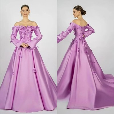 Pink Purple Silk Evening Dress One Shoulder Long Sleeves 3D Fower Srap Dsign