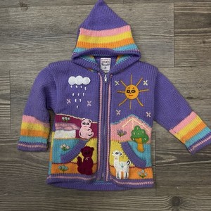 Vintage Grupo Colquetex Rainbow Knitted Patched Hooded Zip Up Sweater Sz 4 Girls