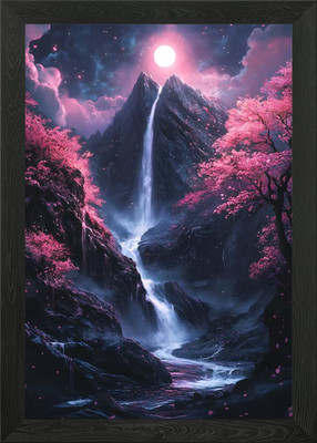 Gerahmtes Wandbild Glow Moon Wasserfall Kirschblüte Poster Leinwanddruck Bild