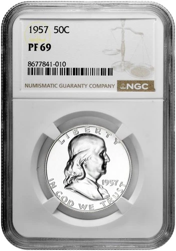 1957 50C Proof Silver Franklin Half Dollar NGC Graded PF 69 in New Holder