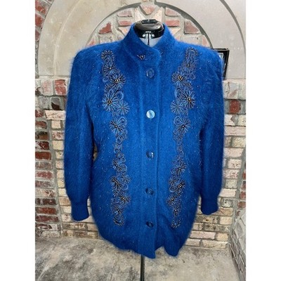 sweater coat fuzzy beaded sequin flower angora blue 