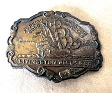 Vintage Belt Buckle LIVINGSTON WELLS  CO. FOREIGN GOLD DOMESTIC DEALERS BRASS