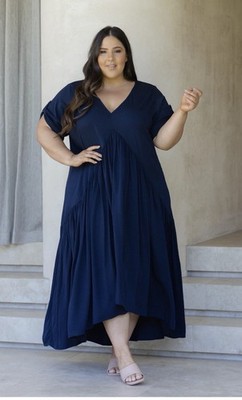PQ Collection Size C Dress Curve 20 - 22 Peak Blue Navy Maxi 100% Rayon