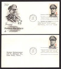 US FDC SC# 1424, Douglas MacArthur,  varieties with and without cachet (b/2)