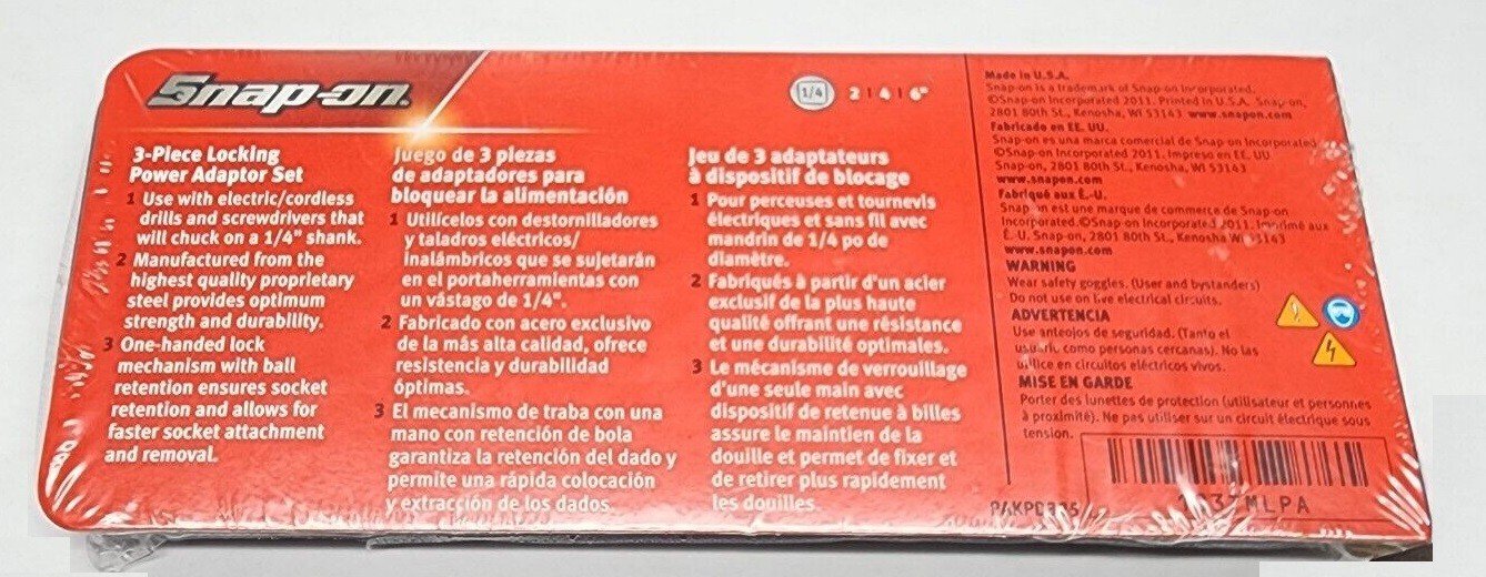 NEW Snap-on 103TMLPA ~ 1/4" Hex-To-1/4" Sq Power Drive LOCKING ADAPTER SET 2,4,6