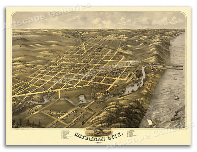 Bird's Eye View 1869 Michigan City Indiana Vintage Style City Map - 20x28