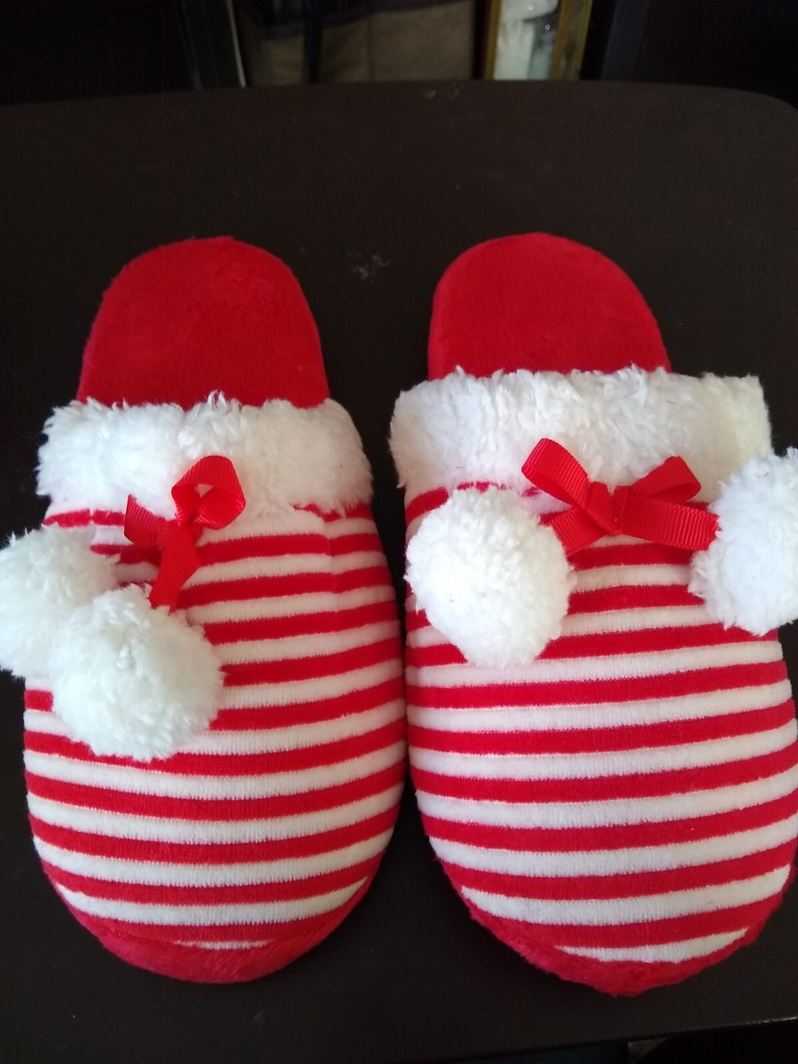 New Avon Women's Red/ White Striped Slippers W/ Pom Pom, US Medium