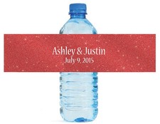 100 Modern Red glitter Wedding Birthday Party Water Bottle Labels 8"x2"