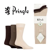 Pringle Mens Socks Bamboo Ribbed Plain Smart Casual Beige/Brown 7-11 3 Pair Pack
