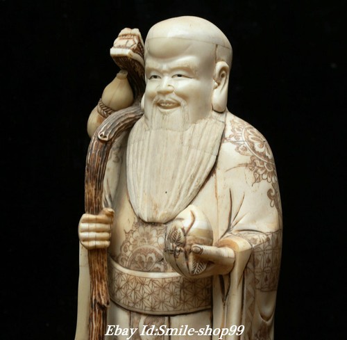 12.5" Unique Old China Cattle Bone Carving longevity god Shuoxing Peach Statue - Picture 10 of 12