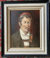 Portrait Pipe Smoker Antique Frame Signed - Loretta around 1940 Costume Hat Oil