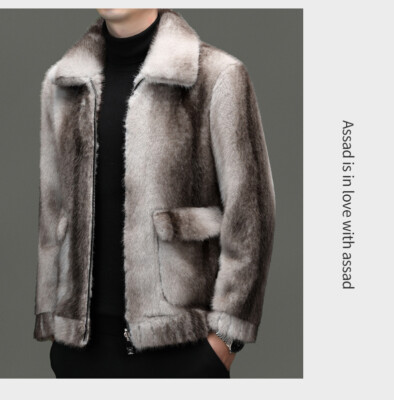 Winter Zip Mink Fur Mens Lapel Collar Faux Fur Short Coat