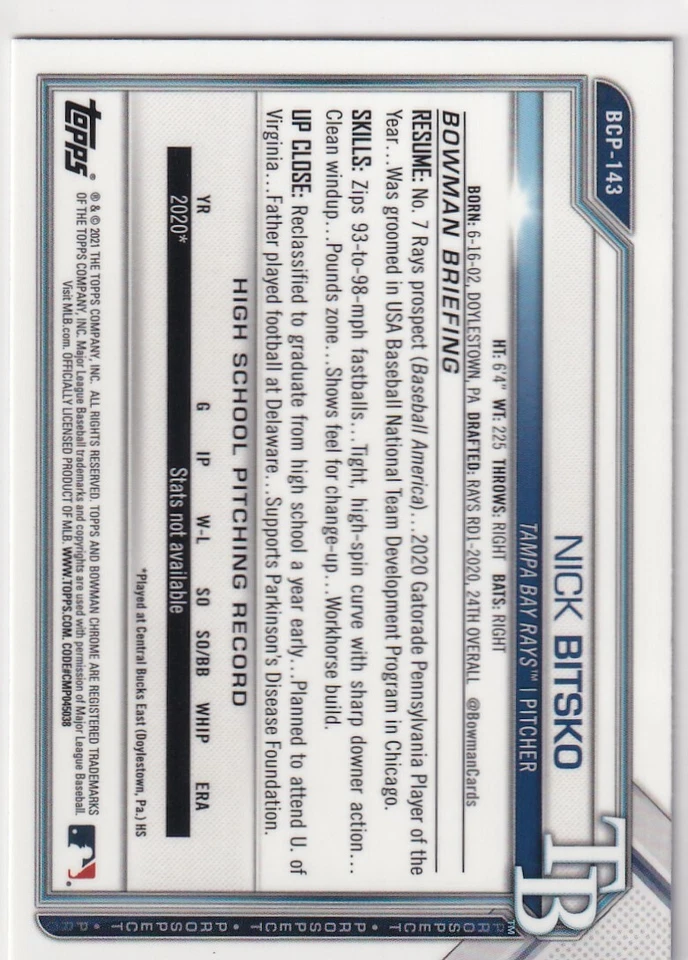 2021 BOWMAN CHROME SAPPHIRE RC NICK BITSKO TAMPA BAY RAYS ROOKIE S529 - Image 2 of 2