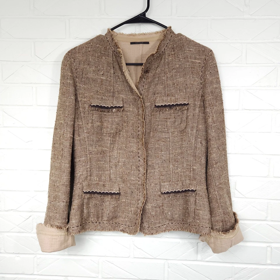 Elie Tahari Tan Tweed Pencil Skirt Suit Set Silk Cotton Blend Safari Chic Size 8 Foto 2 de 4