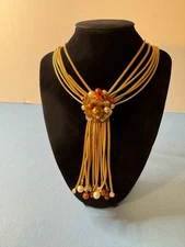 VTG Unsigned Alice Caviness 6 strand mesh tassel faux pearl AB Stones necklace